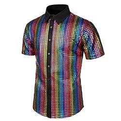 Disco Hemd Herren 70er,Pailletten Kleid Hemd Kurzarm Metallic Glänzend Anzug Slim Glitzer Discs Schlagermove Party Shirt Disco-Hemd Männer 80er Jahre Kleidung Mottoparty Nachtklub Karneval Kostüm von LOSSLO