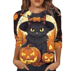 Halloween Shirt 3/4 Arm Damen Gothic Oberteile Damen Herbst Langarmshirt Katze Schläger Druck Tshirt Rundhals Tuika Langarm Tops Vintage Pullover Party Karneval Halloween Kostüm für Frauen von LOSSLO