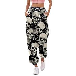 LOSSLO Gothic Hose Damen Schwarz,Punk Hose Damen,Jogginghose Damen Lang High Waist Sport Yoga Hosen Retro Haremshosen Baggy Laufhose mit Totenkopf Print Track Pants Streetwear Party Halloween Kostüm von LOSSLO