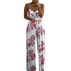 LOSSLO Jumpsuit Damen Sommer,Latzhose Damen V-Ausschnitt,Overall Damen mit Spaghetti-Träger Playsuit Einteiler Overall Loose Fit Hosenanzug Festlich Elegant Baggy Arbeitshose Romper mit Blumen Muster von LOSSLO