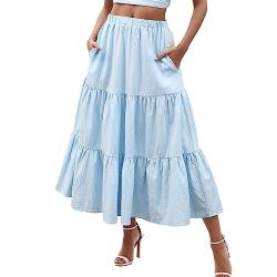 Maxirock Damen Lang -Volant Rock Damen Boho -Faltenrock Damen Elegant Einfarbig Freizeitrock Elastischer Bund Maxi Rock A-Linie Rüschen Plisseerock Lange Röcke Hohe Taille Damenrock mit Taschen von LOSSLO