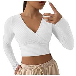 Strick Oberteil Damen Crop Top ,Langarmshirt Damen V-Ausschnitt,Stricktop Damen Weiß Strickpullover Enge Tshirts Bauchfreie Tops Einfarbig Bluse Elegant Pullover Wickeloberteil für Frauen Herbst von LOSSLO