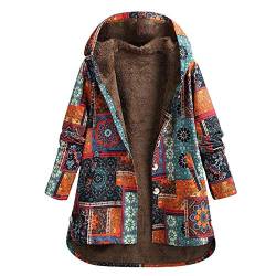 LOSVIP Damen Boho Bunter Mantel mit Innen Fleece Winterjacke, Damen Oversized Polka Dot Kapuzenjacke mit Streifen, Winterjacke, Vintage Boho Wintermantel (Orange-A, XXXL) von LOSVIP