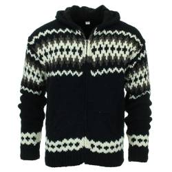 LOUDelephant Handgestrickte Wolle Kapuzenjacke Cardigan Unisex Warm Winter Gefüttert Herren Damen S-3XL, Fairisle Black, XL von LOUDelephant