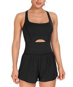 LOVE 3000 Workout-Strampler für Damen, mit Reißverschlusstasche, athletischer Jumpsuits, Yoga-Einteiler, Body mit integrierten Shorts, Schwarz, Small von LOVE 3000