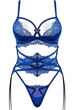 LOVE YOU SEXY Damen-Dessous-Set aus Spitze, Spitzen-BH und Höschen mit umgürtetem 3-teiligem Set, Nachtblau 75C von LOVE YOU SEXY