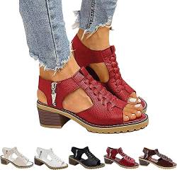 Libiyi Bequeme orthopädische Damensandalen, Libiyi Damen-Slidesandalen, Libiyi-Schuhe, Peep Toe Cutout Zipper Chunky Heeled Sandaletten for Damen (Color : Rot, Size : 38EU) von LOVEWLVNCL