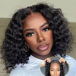 Echthaar Perücken Wear and Go Glueless Wig Water Wave Bob Wigs Human Hair Wear and Go Lace Pre Cut No Glue 4x4 Lace Closure Human Hair Wigs for Women Human Hair Pre Plucked Natural Hairline 16 Inch von LOVFIR