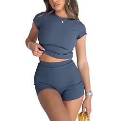 Damen 2-teilige Shorts-Sets Y2k Kurzarm Crop Tops Skinny Tee Shirt Hohe Taille Shorts Outfits Loungewear, blau, 36 von LOVHOT
