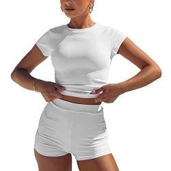 Damen 2-teilige Shorts-Sets Y2k Kurzarm Crop Tops Skinny Tee Shirt Hohe Taille Shorts Outfits Loungewear, weiß, 36 von LOVHOT