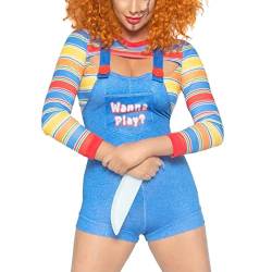 Damen 2-teiliges Halloween-Kostüm-Set, gruseliger Albtraum-Killer-Puppe, Wanna Play Movie Character Sexy Chucky Doll Bodysuit, hellblau, 38 von LOVHOT