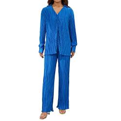 Damen 2-teiliges Plissee-Hosen-Set Langarm Button Down Hemd Hohe Taille Gerades Weites Bein Hosen Lounge Outfits, dunkelblau, 36 von LOVHOT
