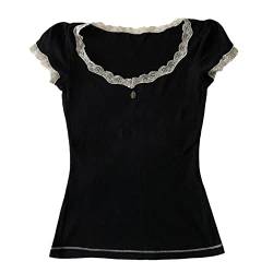 Damen Spitzenbesatz Crop Tops Fairycore 2000er Jahre Ästhetik T-Shirt Y2k Kurzarm Retro Grunge Tee Streetwear, Schwarz , M von LOVHOT