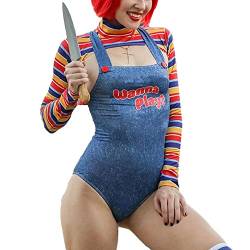 LOVHOT Damen 2-teiliges Halloween-Kostüm-Set, gruselige Albtraum-Killer-Puppe, Wanna Play Movie Character Sexy Chucky Doll Bodysuit (Blau, L) von LOVHOT