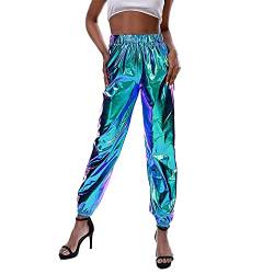 LOVHOT Damen High Waist Metallic Jogger Glänzend Lose Hip-Hop Hose Hologramm Laser Jogginghose Streetwear, blau, S von LOVHOT