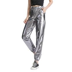 LOVHOT Damen High Waist Metallic Jogger Glänzend Lose Hip-Hop Hose Hologramm Laser Jogginghose Streetwear, grau, M von LOVHOT