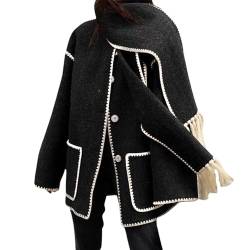 LOVHOT Damen Winter Wolle Cape Mantel Langarm Einreiher Schal Kragen Umhang Jacke mit Taschen, Schwarz , 36 von LOVHOT