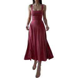 LOVHOT Y2k Damen Midi-Kleid mit Spaghetti-Trägern, sexy, niedrig geschnitten, gerüschte Brust, Korsett, lange Kleider, fließende A-Linie, geteiltes Midi-Sommerkleid, Rot 3, Medium von LOVHOT