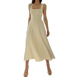 LOVHOT Y2k Damen Midi-Kleid mit Spaghetti-Trägern, sexy, niedrig geschnitten, gerüschte Brust, Korsett, lange Kleider, fließende A-Linie, geteiltes Midi-Sommerkleid, beige, Medium von LOVHOT