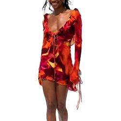 LOVHOT Y2k Kurzes Neckholder-Kleid für Damen, V-Ausschnitt, unregelmäßig, zum Binden, Rüschenkleid, Batikfärbung, langärmelig, figurbetont, Minikleid, Orange, L von LOVHOT