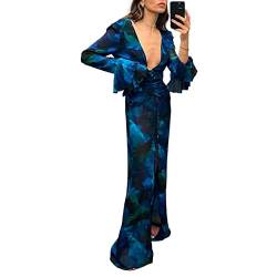 LOVHOT Y2k Kurzes Neckholder-Kleid für Damen, V-Ausschnitt, unregelmäßig, zum Binden, Rüschenkleid, Batikfärbung, langärmelig, figurbetont, Minikleid, blau, Small von LOVHOT