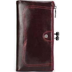 LOXO CASE Leder Damen Geldbörse Reißverschluss mit RFID Schutz - 100% Rindleder mit 10 Kartenfächern & Kiss Lock - Schlanke Vintage Brieftasche,Wine Red von LOXO CASE