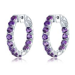 LP LOHASPIE Creolen für Frauen Fassung 24 Körner Natürlicher Edelstein Massives 925er Sterlingsilber Geburtsstein Ohrring Rhodiniert Eleganter Schmuck Geschenke zum Geburtstag (Natürlicher Amethyst) von LP LOHASPIE