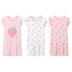 LPATTERN Kinder Mädchen 3er Pack Nachthemd Nachtwäsche Nachtkleid Schlafanzug Sleepwear aus Baumwolle - Erdbeere Motiv, Rosa Weiß Rosa | Erdbeere 3er Pack, 104-110(Label: 110) von LPATTERN