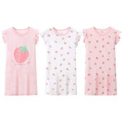 LPATTERN Kinder Mädchen 3er Pack Nachthemd Nachtwäsche Nachtkleid Schlafanzug Sleepwear aus Baumwolle - Erdbeere Motiv, Rosa Weiß Rosa | Erdbeere 3er Pack, 116(Label: 120) von LPATTERN