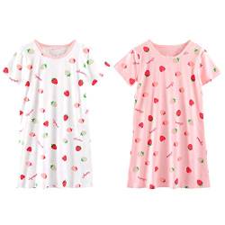 LPATTERN Kinder Mädchen Süß Nachthemd Baumwolle Nachtwäsche Nachtkleid Schlafanzug Sleepwear mit Kurzarm, Weiß Rosa A | Erdbeere 2er Pack, 122-128(Label: 130) von LPATTERN