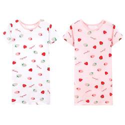 LPATTERN Kinder Mädchen Süß Nachthemd Baumwolle Nachtwäsche Nachtkleid Schlafanzug Sleepwear mit Kurzarm, Weiß Rosa B | Erdbeere 2er Pack, 152-158(Label: 160) von LPATTERN
