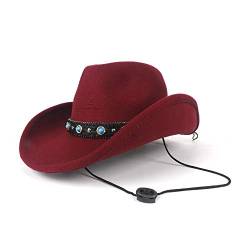 LQBYWL Damen Herren Wolle Hohl Western Cowboyhut für Gentleman Rollkrempe Sombrero Kappe Papa Hut (Farbe: Dunkelrot, Größe: 58 cm) von LQBYWL