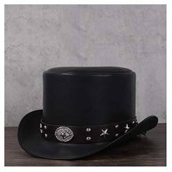 LQBYWL Mode Neue 2022 Elegante Leder Zylinder Damen Männer Presidential Fedora Hut Niet Dekoration Steampunk Cosplay Party Hut (Color : Schwarz, Größe : 58-59CM) von LQBYWL