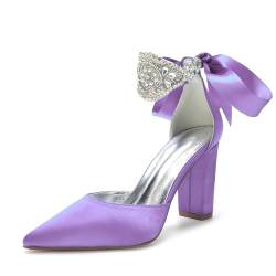 Damen Pumps mit Blockabsatz Elegant Strass Band Krawatte Hochzeitsschuhe Geschlossene Zehen Brautschuhe,Light Purple,40 EU von LRMYMHY