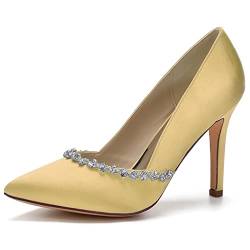 Frauen Stiletto High Heels Brautschuhe Spitze Zehe Pumps Strass Satin Party Hochzeitsschuhe,Gold,38 EU von LRMYMHY