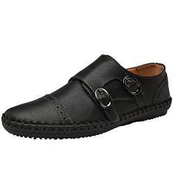 LRUII Loafer-Schuhe, Smoking-Loafer für Herren, echtes Leder, Kappe, Zehennahtdetails, runde Zehenpartie, Monk-Riemen, weich, widerstandsfähig, flexibel, bequem, lässig, zum Hineinschlüpfen von LRUII