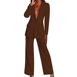 Damen Casual Solid Langarm Anzüge Knopf Mantel Hohe Taille Lange Hose Zweiteiliges Set Plus Size Hosenanzüge für Frauen Elegante Party, coffee, XXL von LRWEY