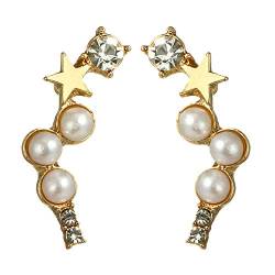 LRWEY Frauen Perle mit Diamant Einfache Fünfzackige Geometrische Stern Ohrringe Unregelmäßige Ohrringe Western Creolen Ohrringe, gold, Einheitsgröße von LRWEY