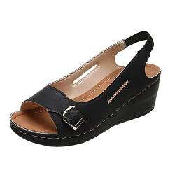 LRWEY Sandalen Damen Schnalle Sommer On Outdoor Schuhe Zehen Slip Dekor Keilabsatz Damen Sandalen Hausschuhe für Frauen Sandalen, Schwarz , 44 EU von LRWEY