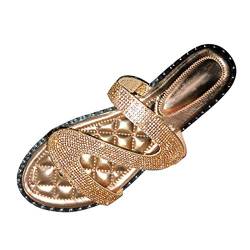 LRWEY Strass Sommer Sandalen Frauen Offene Zehen Slip-On Strand Atmungsaktive Flache Schuhe Damen Sandalen Sandalen für Frauen Casual Sommer Keilabsatz, gold, 41 EU von LRWEY