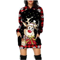 LSAltd Hoodie Kleid Damen Mit Kapuze Baumwolle Langarm Oversize Weihnachten Muster Santa Weihnachtspullover Komfortabel Minikleid Winter Pulli Partykleid Faschingskleid von LSAltd