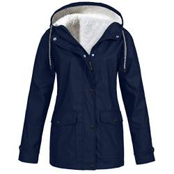 Regenjacke Damen Teddyfell Gefüttert Wasserdicht Atmungsaktiv Regenmantel mit Kapuze Übergangsjacke Leichte Winterjacke Winter Softshelljacke Outdoorjacke Fleece Jacke Mäntel Große Größen(marine,4XL) von LSAltd