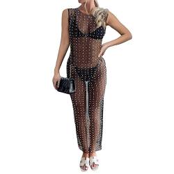 LSCOLO Kleid mit Perlen ， Durchsichtige Lange Maxikleider for Damen, Strandbadebekleidung, Bikini-Cover-Ups (Color : Black, Size : S) von LSCOLO