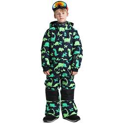 LSERVER Kinder Schneeanzug Mädchen Kapuze Einteilig Winddicht Wasserdicht Cartoon Skianzug Jungen Winter Fleece Verdickt Warmer Outdoor-Anzug, Grüner Dinosaurier, 110 von LSERVER