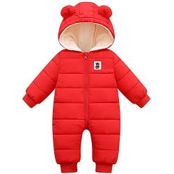 LSERVER Neugeborener Strampler Baby mit Kapuze Fleecever Dickter Jungen Schneeanzug Mädchen Warmer Daunen Overall Kinder Niedliche Winter Anzüge, Rot, 90, 86-92 von LSERVER