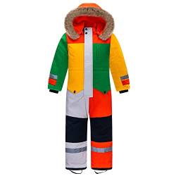 LSERVER Skianzug Kinder Jungen mit Fellkragen Kapuze Einteilig Winddichter Wasserdichter Schneeanzug Mädchen Winter Fleece Verdickung Warmer Outdoor-Anzug, Farbig, 150 von LSERVER