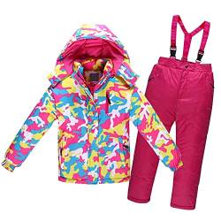 LSERVER Skianzug Mädchen mit Abnehmbarer Kapuze Winddichte Wasserdichte Skijacke + Skihose Jungen Dicker Fleece Schneeanzug Kinder Warmer Skianzüge, Rosa, 12A von LSERVER