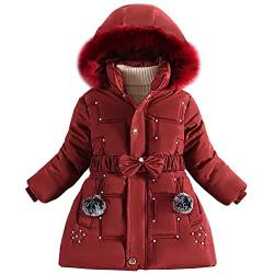 LSERVER Steppjacke Mädchen Fleece Dicke Daunenjacke mit Pelzkragenkapuze Modische Tunika Winterjacke Kinder Winddichte Warme Wintermantel, Rot, 140 von LSERVER