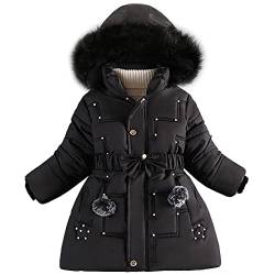 LSERVER Steppjacke Mädchen Fleece Dicke Daunenjacke mit Pelzkragenkapuze Modische Tunika Winterjacke Kinder Winddichte Warme Wintermantel, Schwarz, 130 von LSERVER