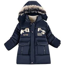 LSERVER Winterjacke Kinder Jungen mit Plüschkapuze Winddichter Thermo Mantel Mode Dick Kinder Lange Wintermantel, Navy Blau, 140 von LSERVER